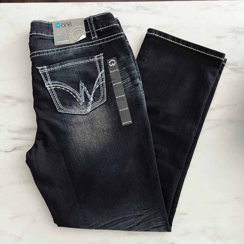 Warehouse One Dark Wash, Mid Rise, Relaxed Straight Jeans, Size 36/Short